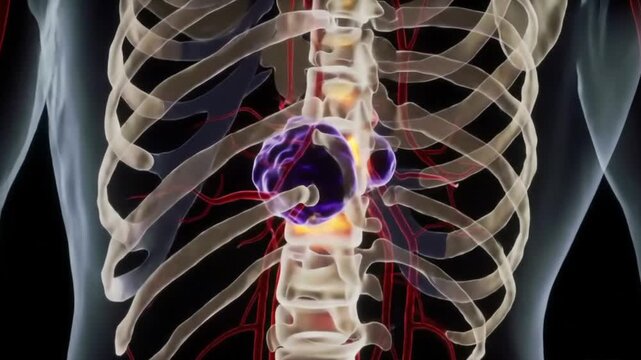 3D medical animation of a spinal tumor compressing the spinal cord. Oncology, anatomy, disease concept.