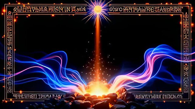 A mesmerizing Runic Border Frame inscribed with glowing glyphs surrounds a luminous core, as flowing streams of iridescent colors ebb and flow, creating an enchanting dance; the background