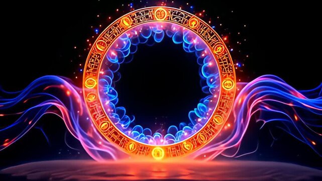 ampere mesmerize Runic perimeter shot inscribe with radiant glyph beleaguer ampere glowing core, ampere streaming watercourse of shimmering tints ebbing and flow, create an ravish dance;