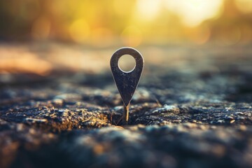 Metal location pin indicating current position on rough ground during sunset, symbolizing navigation, travel, and adventure