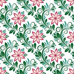 Seamless vintage floral pattern with flowers, swirls, leaves, burgundy, beige, green, coral color, on white isolated background. Decorative design element.