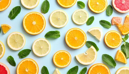 Background of citrus fruits, Different cut citrus fruits and mint leaves on color background