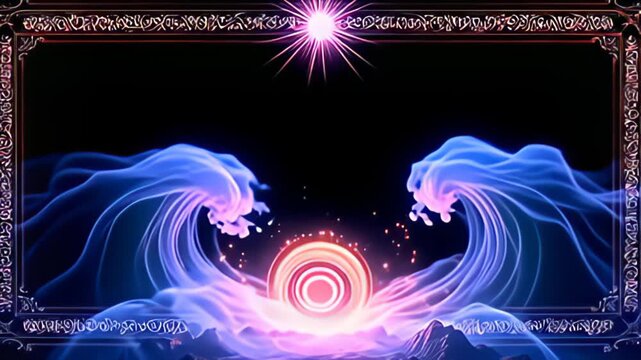 The enchanting Runic Border Frame inscribed with glowing glyphs features a luminous core, while waves of soft pastel colors ripple outward; the fluid movements contrast beautifully against