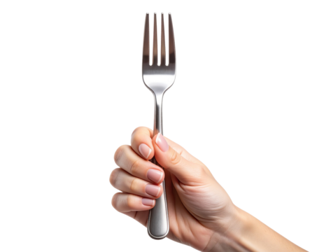 Close-Up of Hand Holding Metal Fork Upright, Front View, Clean Skin Tone, Isolated on Transparent Background - Powered by Adobe