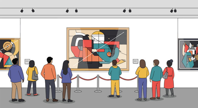 Diverse crowd appreciates abstract masterpiece in modern art gallery exhibition displaying contemporary creations