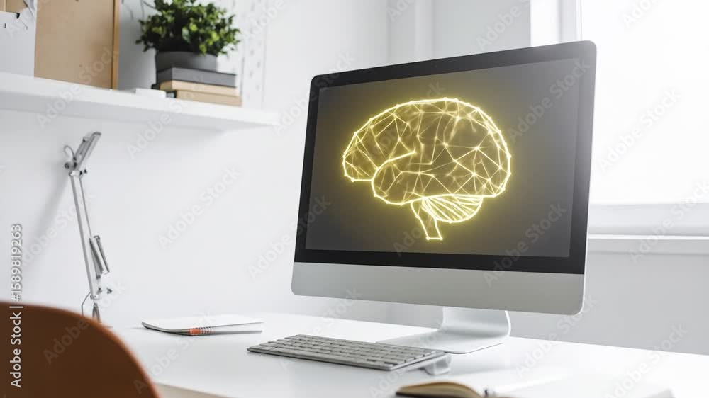Aufkleber modern computer displaying glowing brain graphic