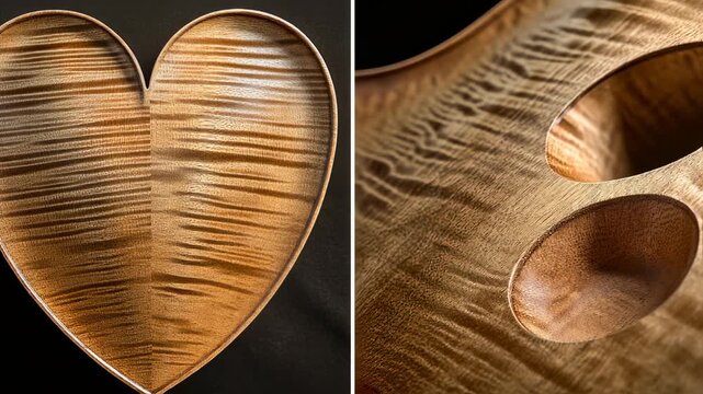 Wooden heart and details of handmade wooden objects showcases craftsmanship beauty of wood