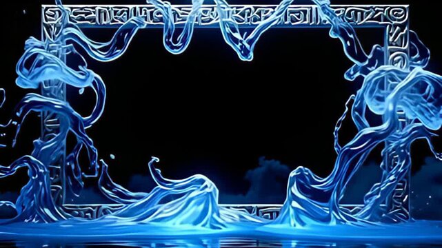 Against a pitch-black canvas, a Runic Border Frame inscribed with glowing glyphs pulsates in rhythmic waves, encircled by flowing streams of liquid light, creating a feeling of fluid motion