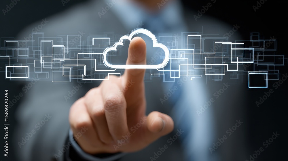Poster businessman hand working with a cloud computing diagram on the new computer interface as concept, no