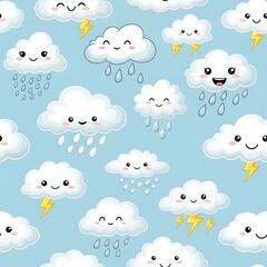 Adorable Cartoon Clouds Seamless Pattern: Happy Rain, Lightning, Blue Sky Background
