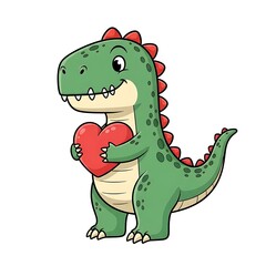 Fototapeta premium Adorable Cartoon Dinosaur Holding Heart; Valentine's Day, Kids, Love, Friendly