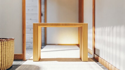 Minimalist Wooden Console Table in Sunlit Hallway