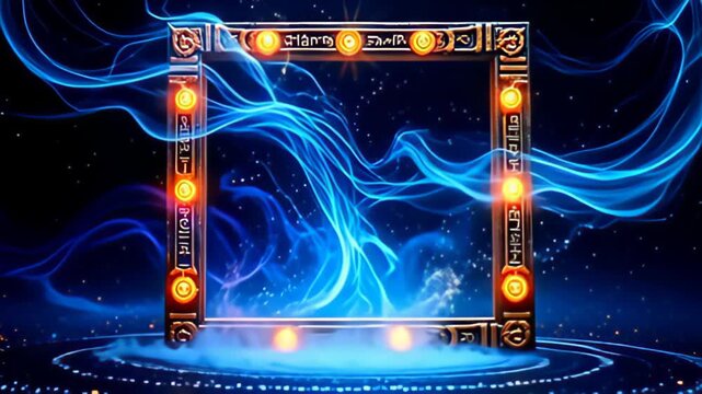 ampere Runic perimeter shot inscribe with radiant glyph salvo forward from ampere shower of glittering stardust, with aery beam feed twisting elegantly roughly it, blend tints indiana