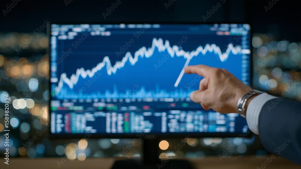 Poster a close-up of a hand with cufflinks points at a plunging market index on a financial dashboard, with