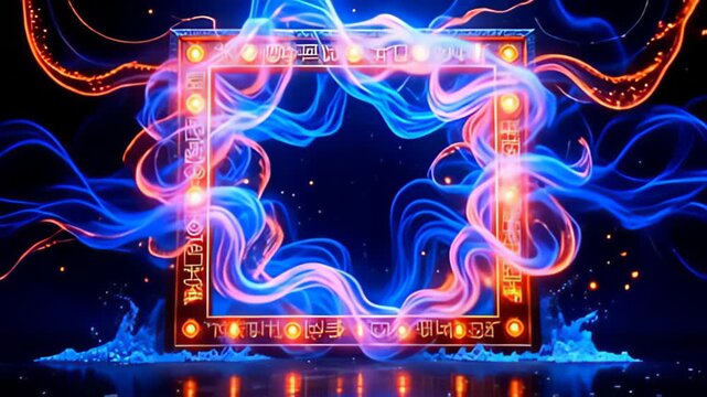In an explosive display of color and light, a Runic Border Frame inscribed with glowing glyphs materializes, entwined with swirling streams of luminescent energy that pulse outward, inviting