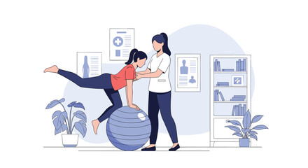 Physical therapy patient undergoing balance training with instructor support on exercise ball in clinic setting