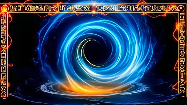 Surrounded by flickering sparks, a Runic Border Frame inscribed with glowing glyphs materializes, encasing a vibrant cosmic whirlpool that pulsates in deep ocean blues and bright yellows,