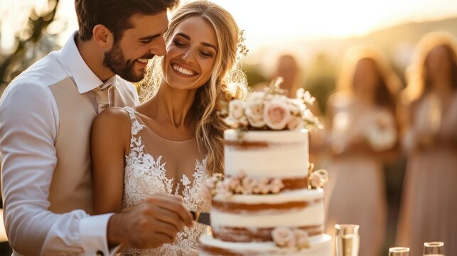 Happy couple cutting a wedding cake outdoors. - Powered by Adobe