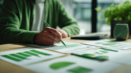 Financial advisor at a desk with green financial reports, eco-friendly, soft light