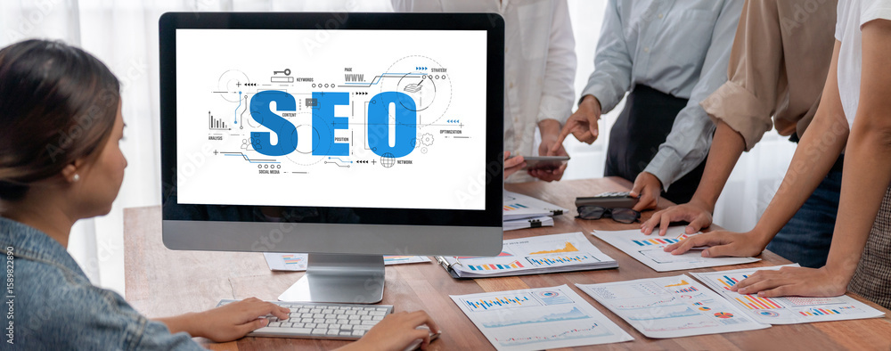 Poster seo search engine optimization for brisk e-commerce and online retail business showing on computer s