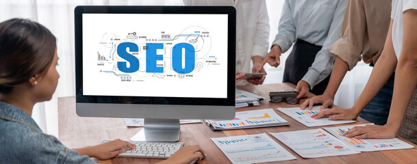 SEO search engine optimization for brisk e-commerce and online retail business showing on computer...