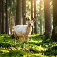 White deer in a sunlit forest