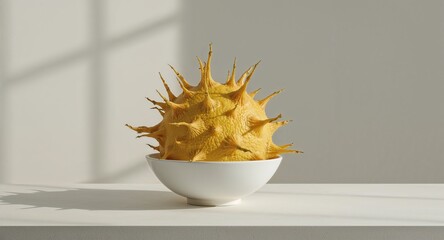 Exotic Yellow Spiky Object in White Bowl Minimalist Still Life with Sunlight and Shadows