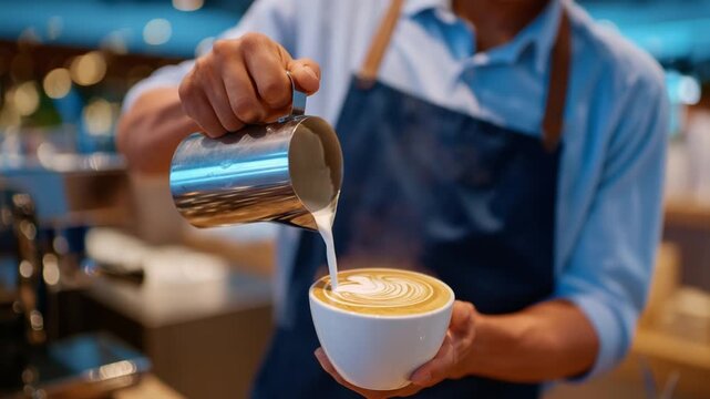 Capture the perfect moment of a barista's final touch on a layered rosetta latte art, with steam curling in the air.