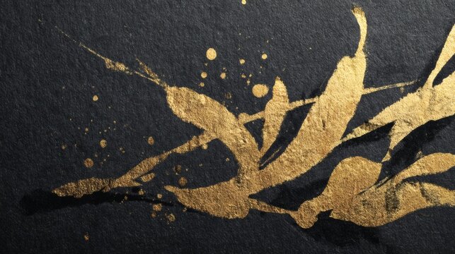 Abstract gold paint splatters and brush strokes on textured black paper background