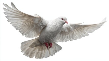a high quality stock photograph of a single flying spread winged white pigeon isolated on a transparant or white background
