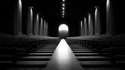 Empty hall, rows of seats, bright center