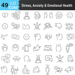 Stress, Anxiety and Emotional Health outline Icons set. Editable Vector stroke pictograms. illustration EPS10