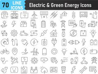 Electric and Green Energy Icons for UI UX, Digital Projects. Editable stroke, simple Vector illustration