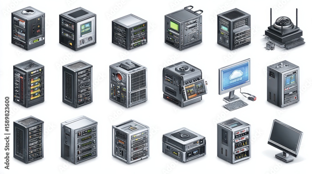 Poster big collection of it devices and computing icons. 16 highly detailed vector icons. servers, database