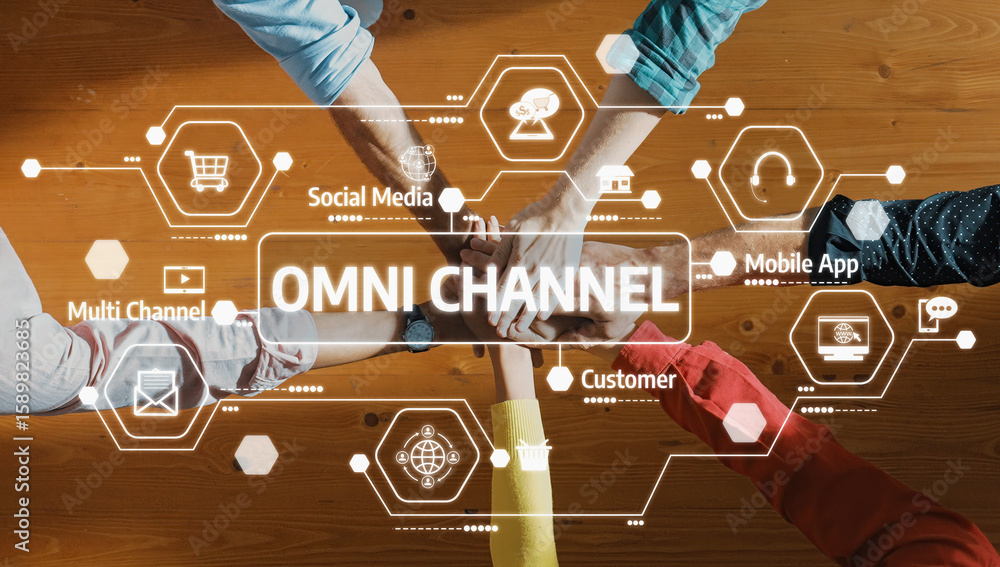 Poster collaborative teamwork in an omni channel strategy with digital icons representing communication and