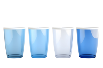 Four transparent cylindrical plastic cups in various blue shades