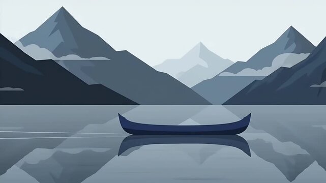 A solitary blue canoe rests on a still reflective lake surrounded by majestic misty mountains.