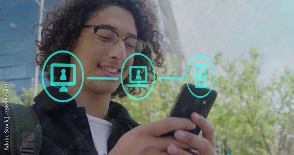 Aufkleber male user tapping smartphone on sidewalk and showing floating icons linking devices syncing data