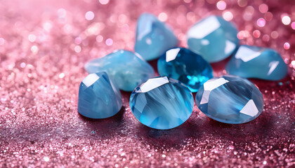light blue gemstones on pink glitter background