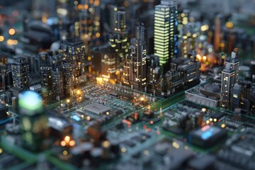 City built on circuit board, night view