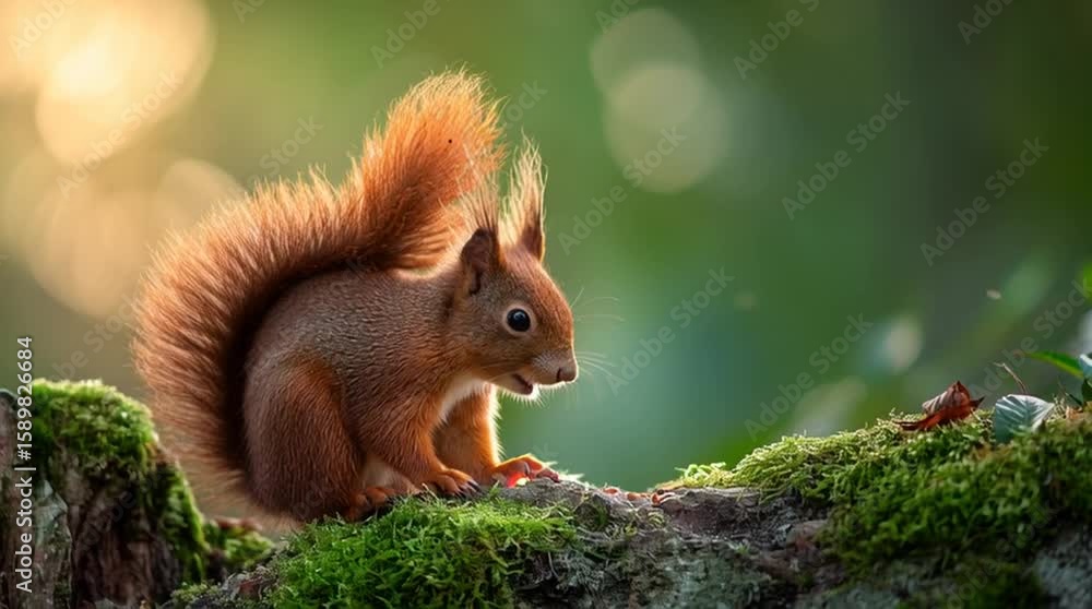 Canvas Prints a red squirrel carefully nibbling on a nut while sitting on a mossy log, soft background bokeh, glow