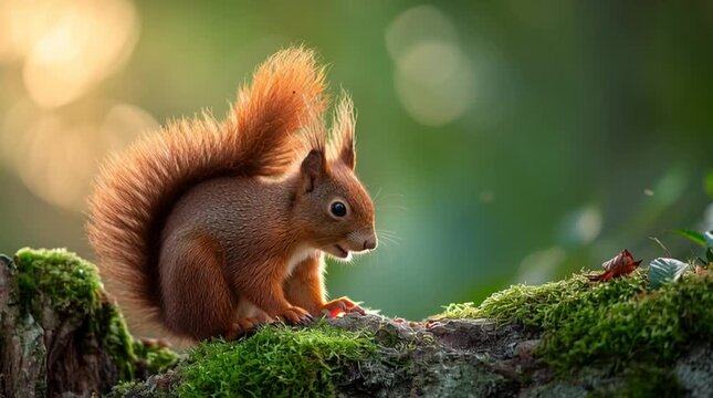 A red squirrel carefully nibbling on a nut while sitting on a mossy log, soft background bokeh, glowing morning light