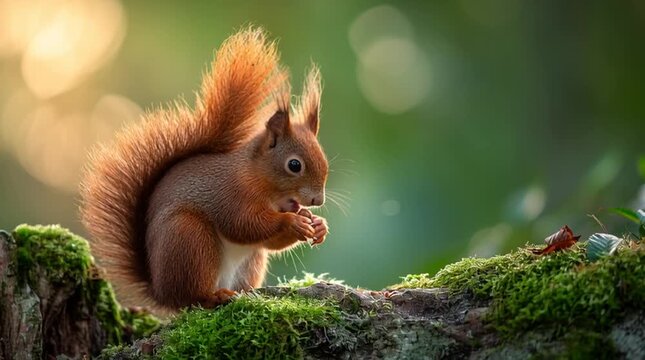 A red squirrel carefully nibbling on a nut while sitting on a mossy log, soft background bokeh, glowing morning light