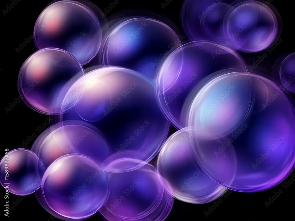 Poster elegant abstract animation with floating purple bubbles against a black background, seamless loop