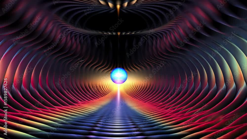 Poster vibrant abstract animation showcasing dynamic waves and glowing orb in a surreal space environment