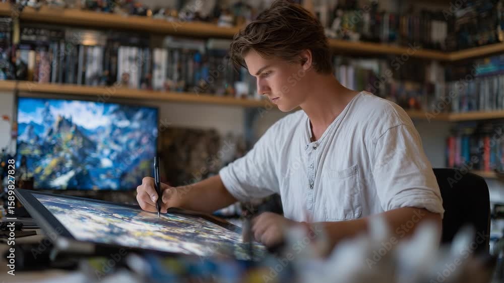 Poster a game artist creates mobile adventure game backgrounds using a stylus and graphics tablet, surround