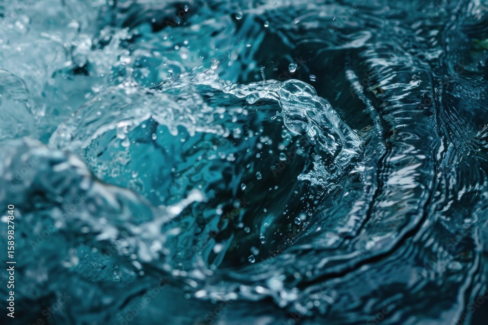 Poster close up of swirling, splashing water creating ripples and bubbles in a vibrant turquoise pool, show