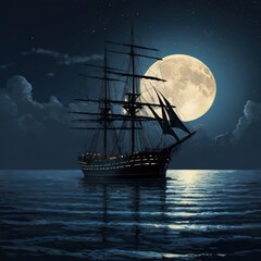 Fototapeta premium Silhouetted ship at night, moonlit sea