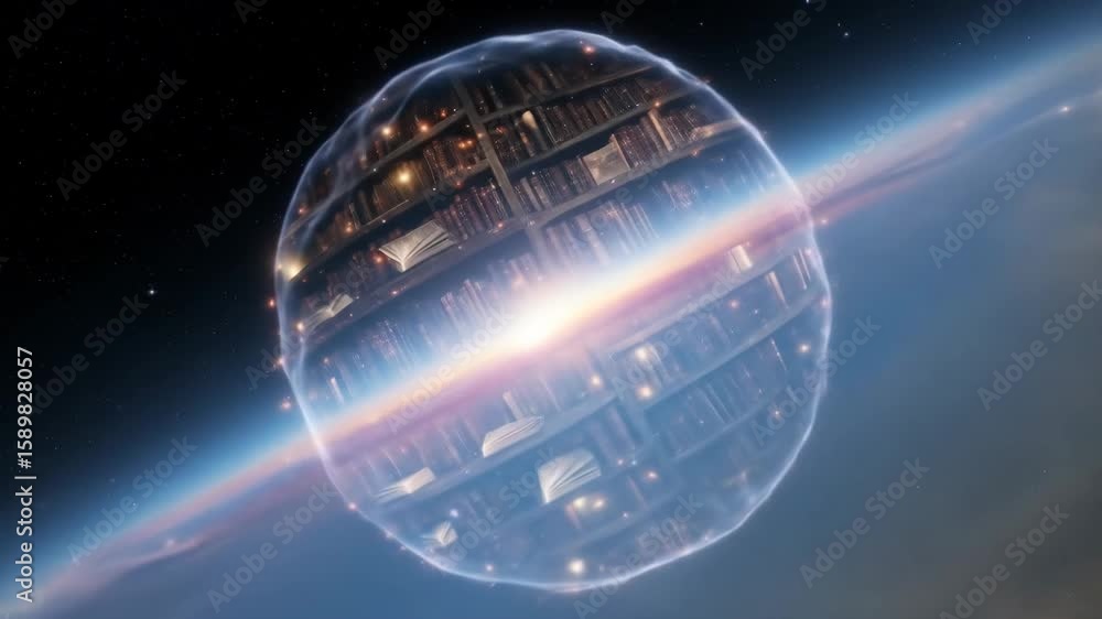 Poster library in space - a spherical library floats in the vast expanse of space, enveloped in a luminous,