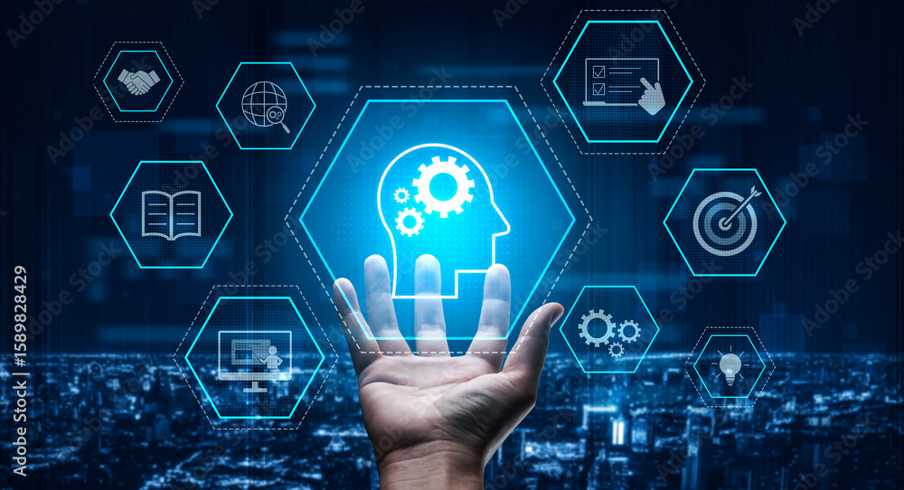 Poster head with gear and icons representing learning, digital training, and development process, showing s